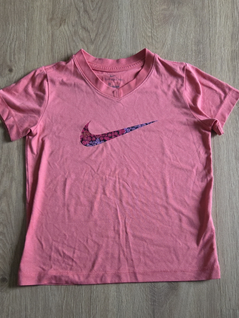 Nike Pink Floral Swoosh V-Neck Tee for Kids